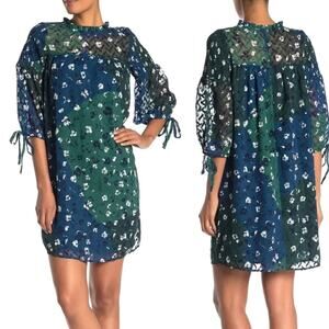 Susina Floral Mock Neck Half Sleeve Textured Shift Dress Blue Women's Small $98